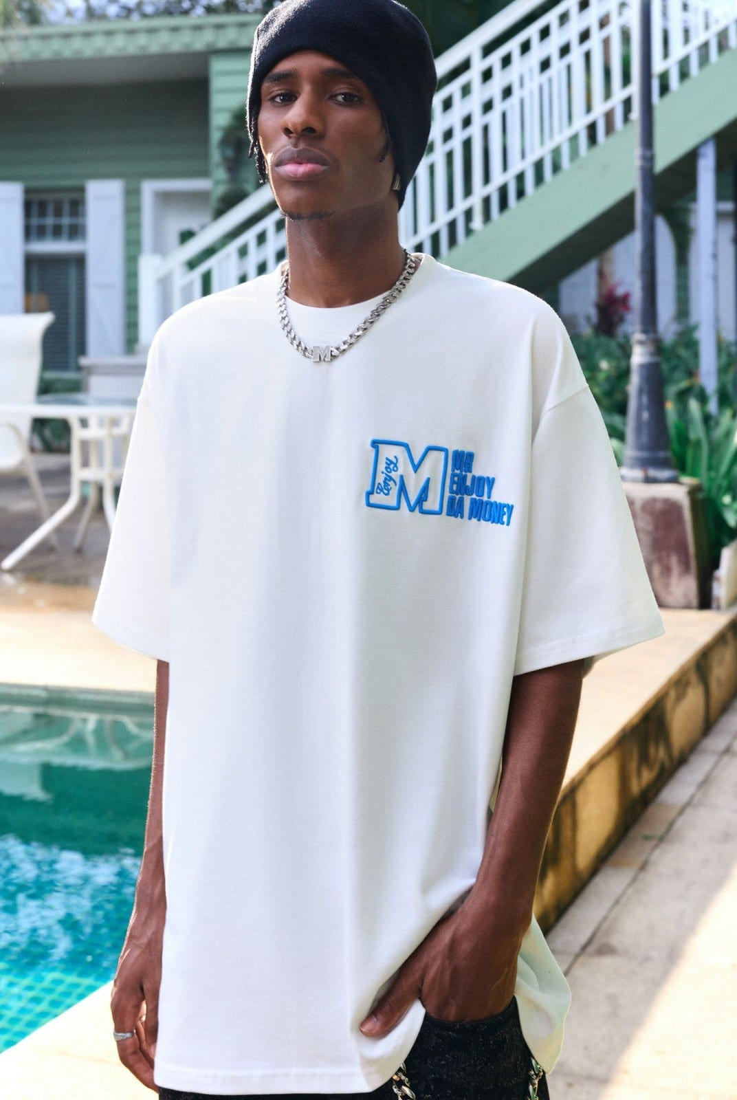 MEDM Half Sleeve Cotton Logo T Shirt in White - On Male Model