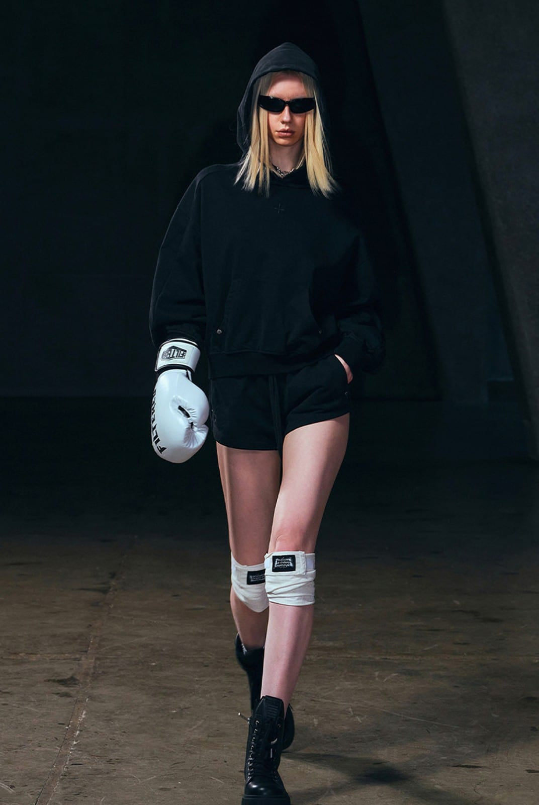SMFK Meditation Cropped Cotton Hoodie in Black - On Female Model