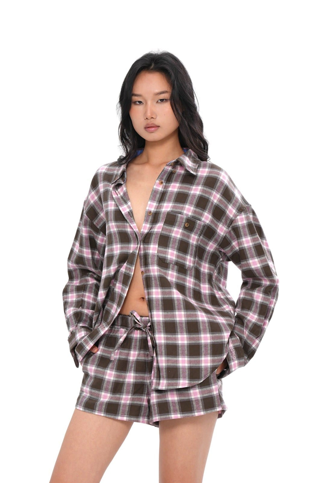 SweetChilling Relaxed Plaid Button Down Shirt in Pink - On Female Model