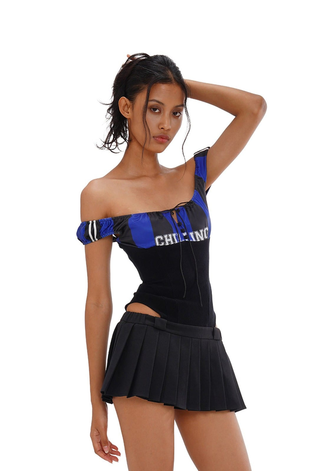 SweetChilling Sporty Paneled Cutout Pleated Mini Dress in Black - On Female Model