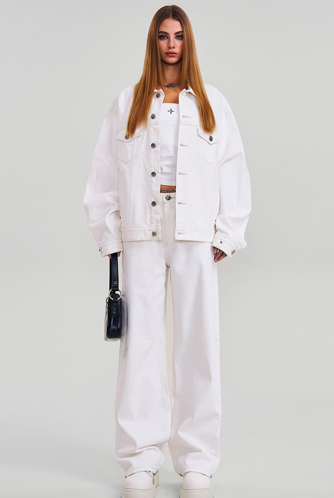 SMFK Washed Wide Leg Denim Jeans in White - On Female Model