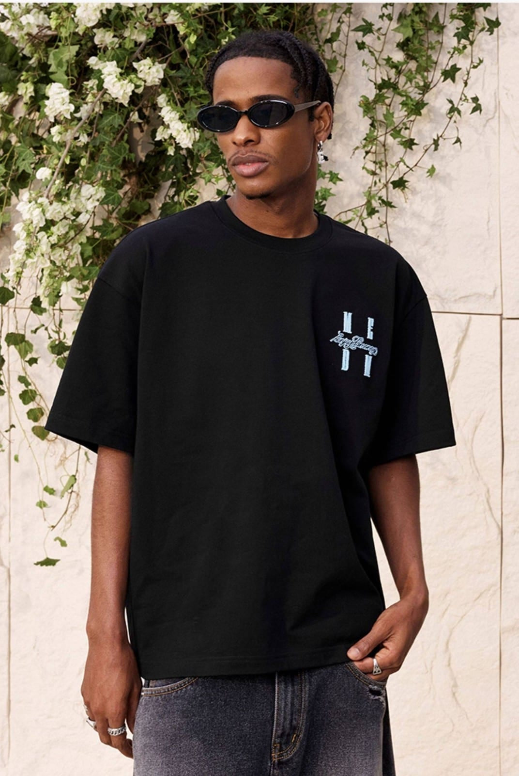 MEDM Tufted Logo Cotton T Shirt in Black - On Male Model
