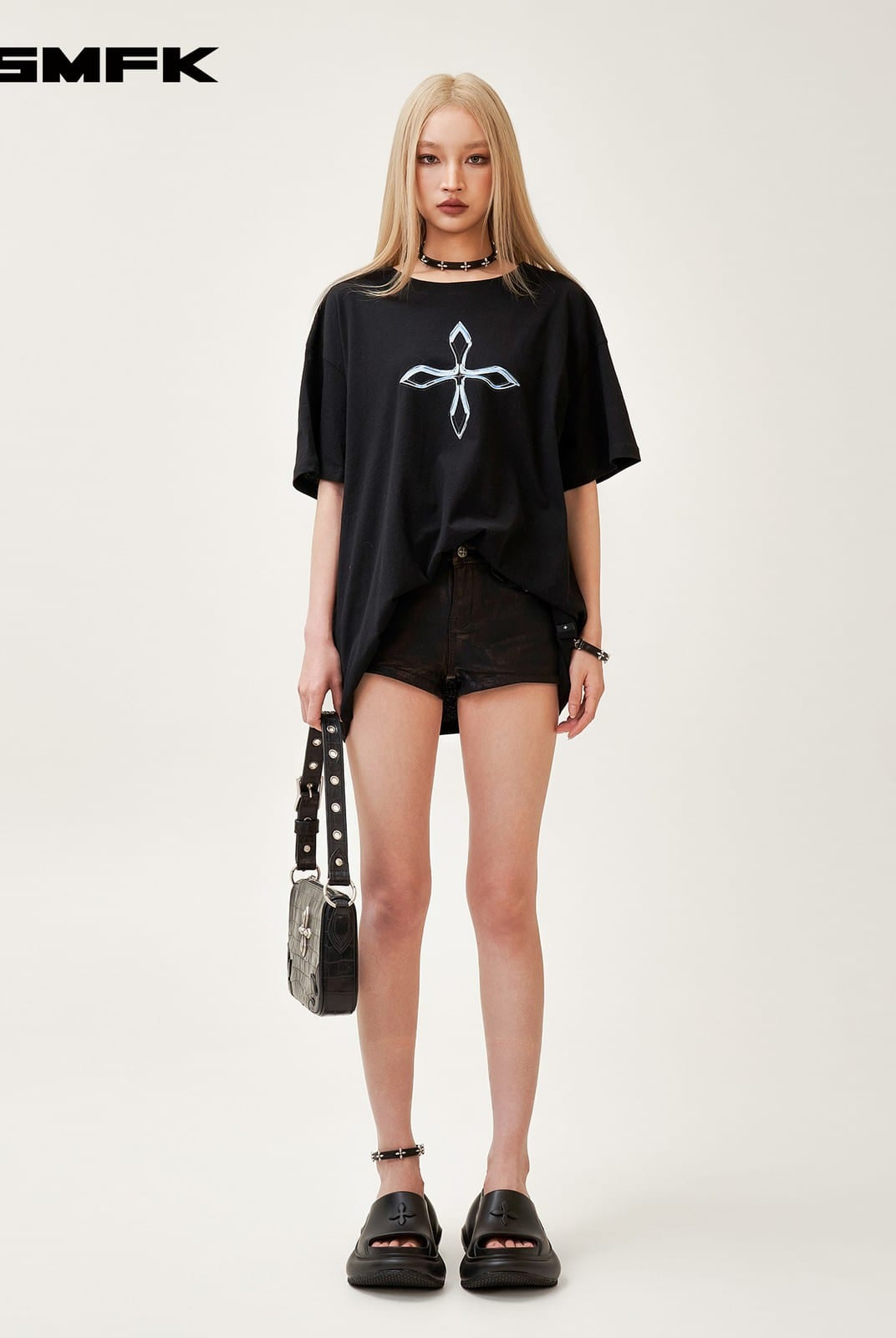 SMFK Cross Graphic Cotton T Shirt in Black - On Female Model