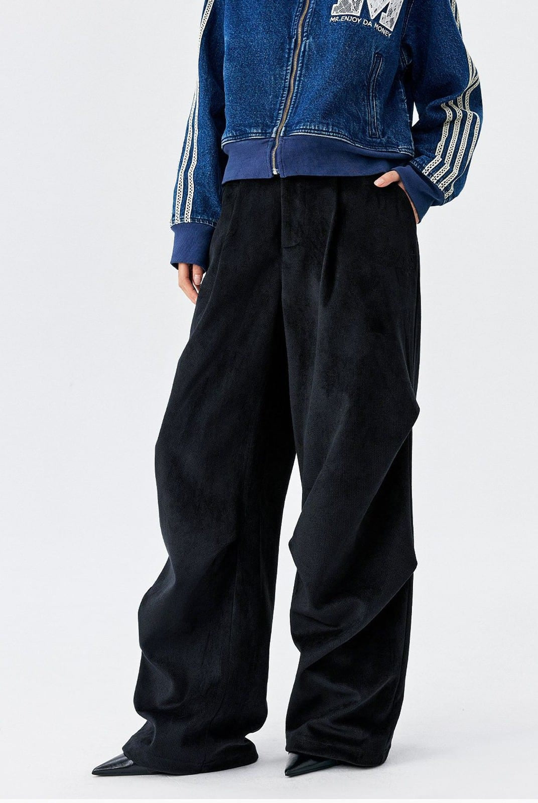 MEDM Wide Leg Parachute Cargo Pants in Black - On Model