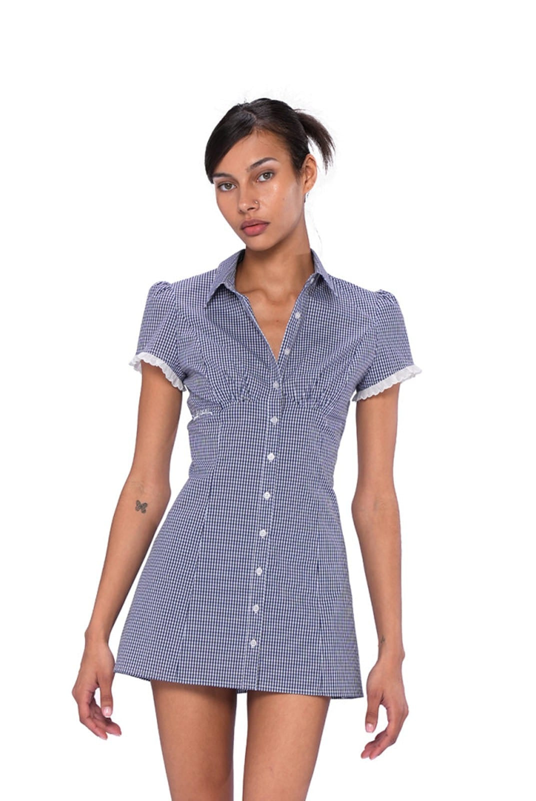 SweetChilling Fitted Cotton Blend Shirt Dress in Navy Blue - On Female Model