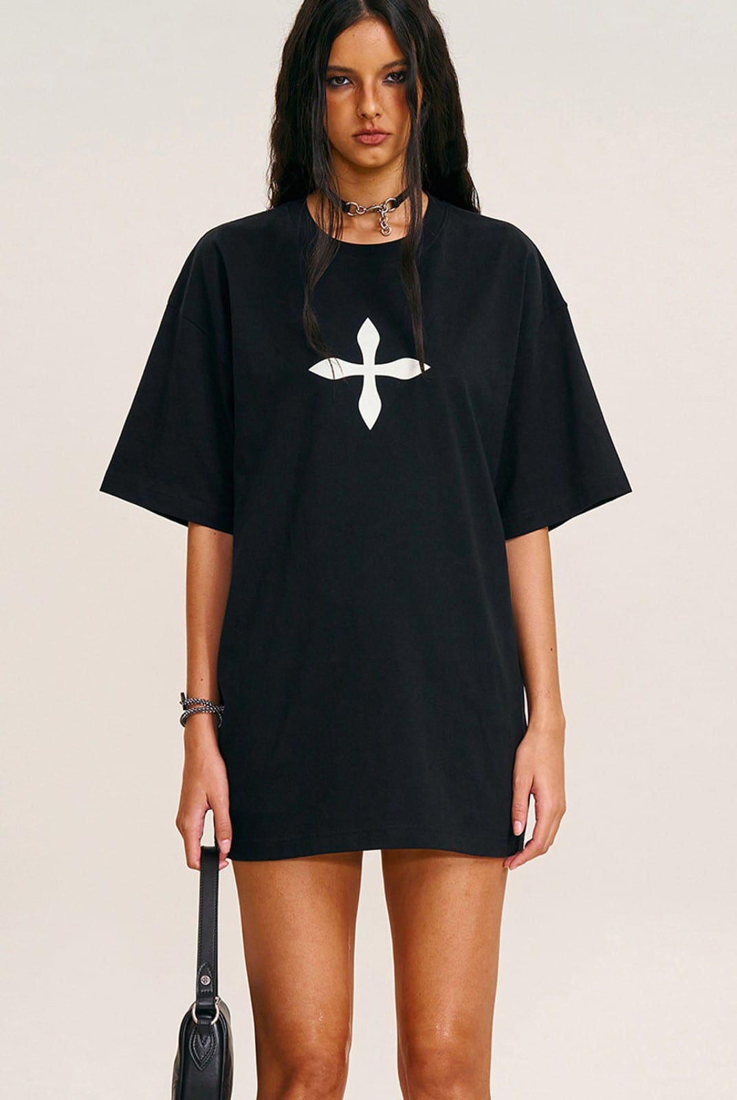 SMFK Cross Graphic 100 Cotton T Shirt in Black - On Female Model