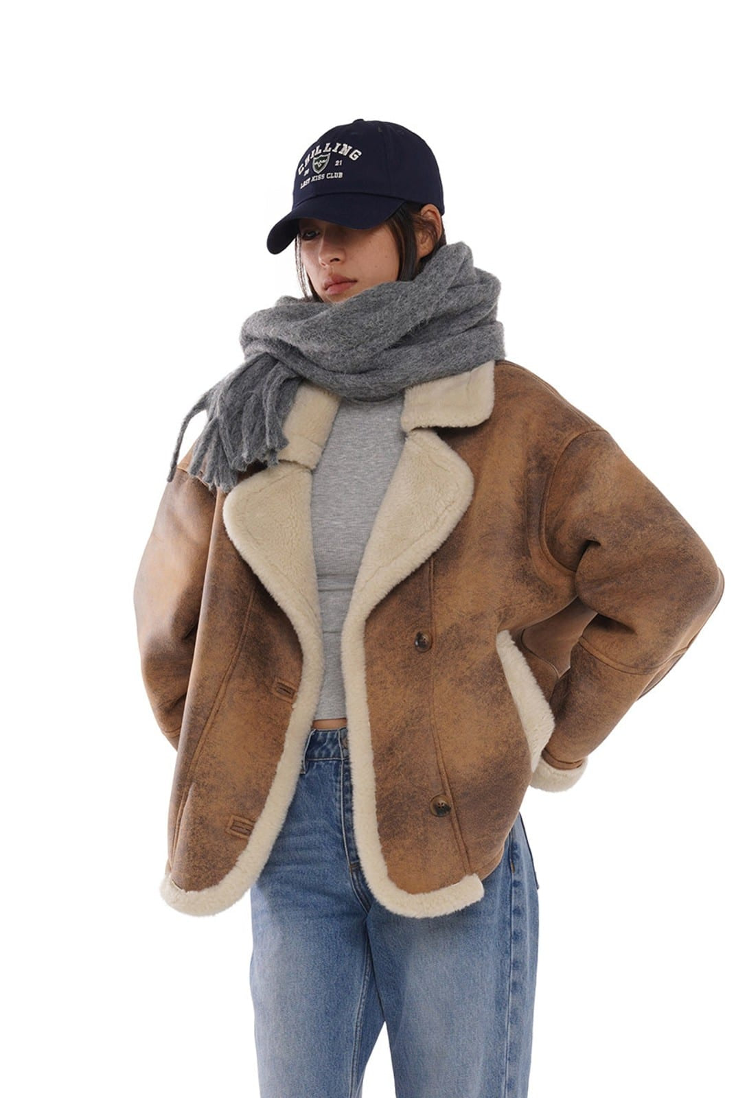 SweetChilling Vintage Faux Shearling Cropped Jacket in Brown - On Female Model