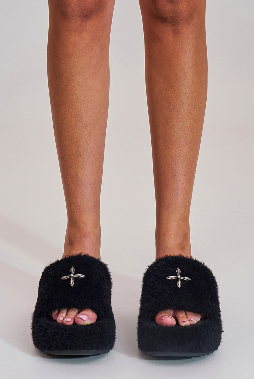 SMFK Cross Hardware Shearling High Heel Mules in Black - On Female Model