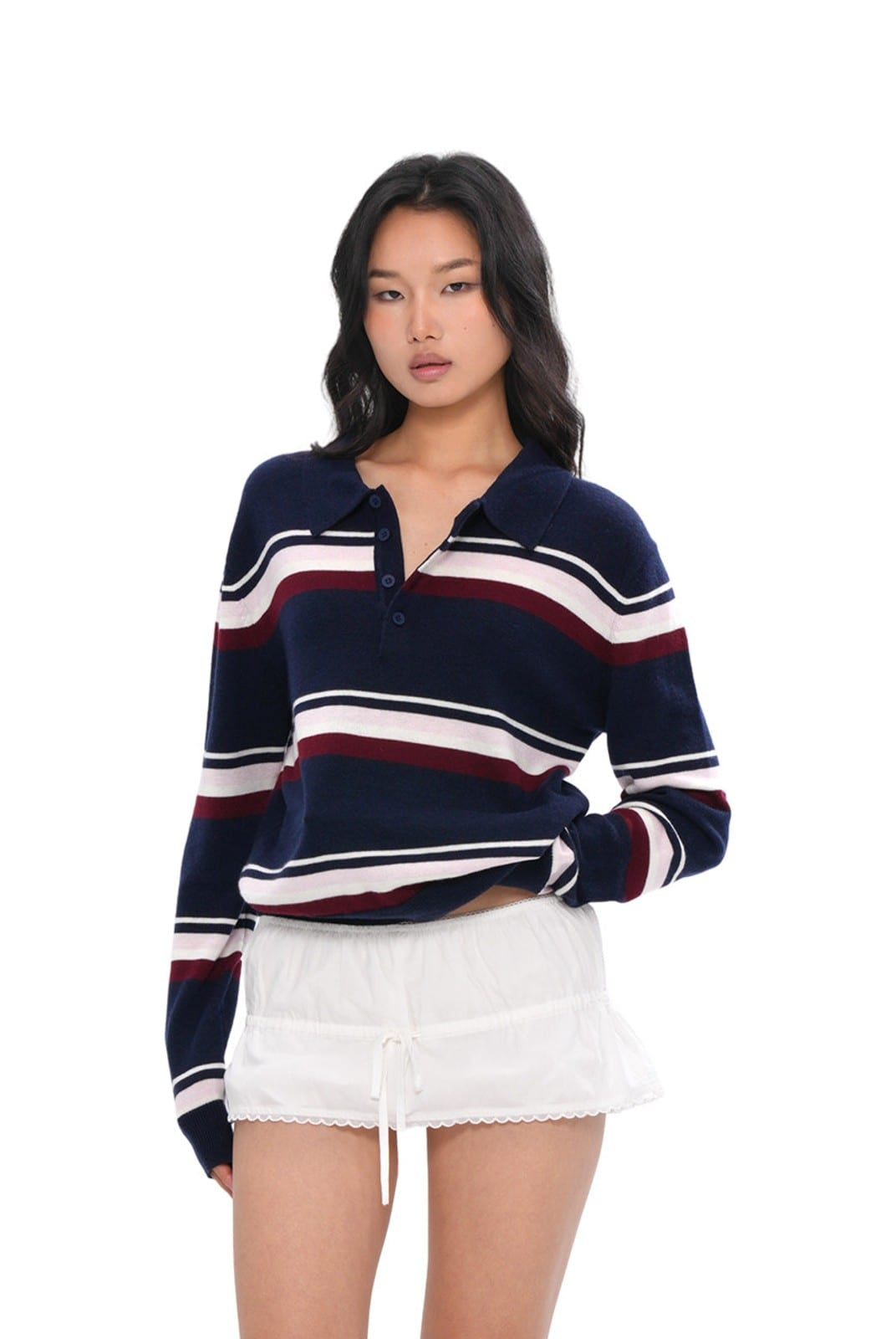 SweetChilling Striped Wool Blend Polo Sweater in Navy Blue - On Female Model