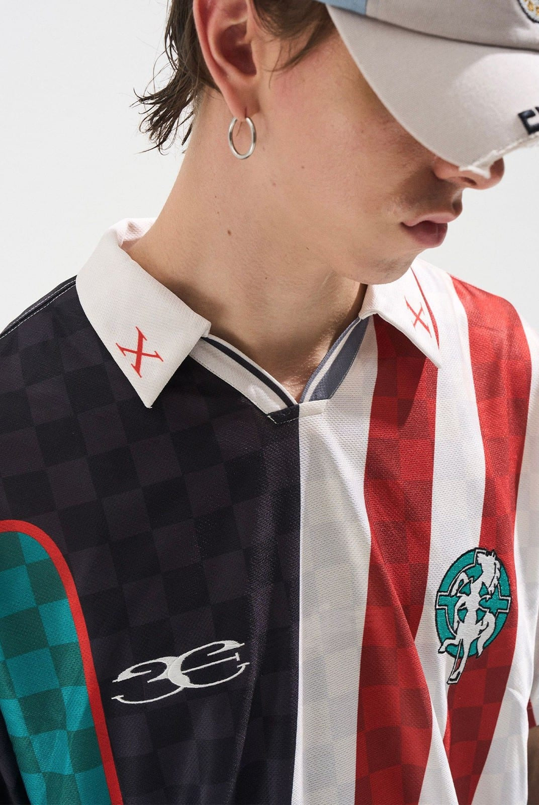 BLINDNOPLAN Digital Print Color Block Jersey Polo in Black - On Male Model