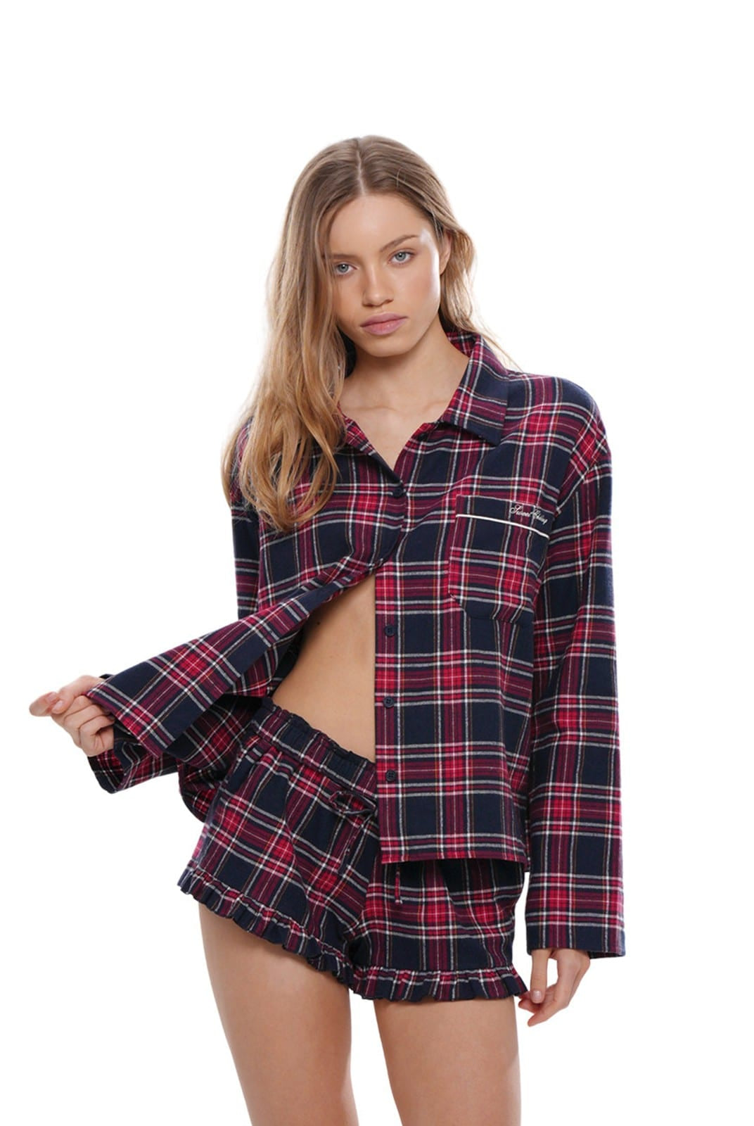 SweetChilling Plaid Ruffle Lounge Shorts in Red - On Female Model