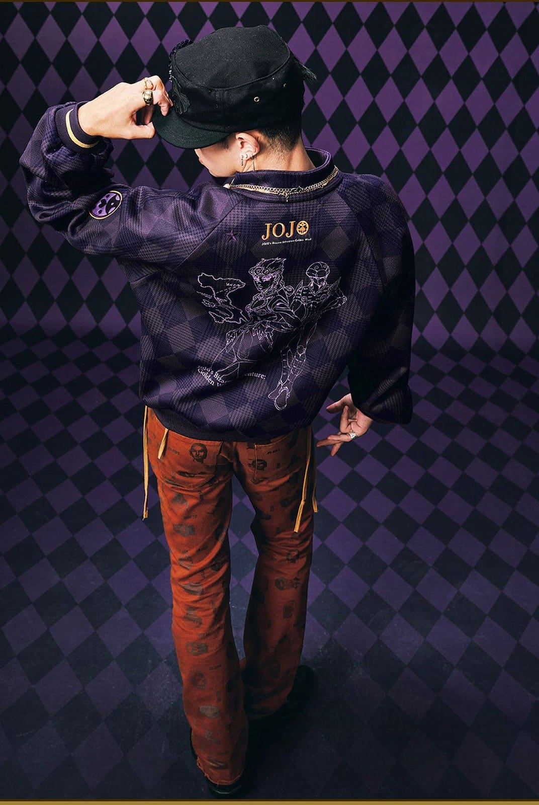 MEDM Embroidered JoJo Plaid Bomber Jacket in Purple - On Model