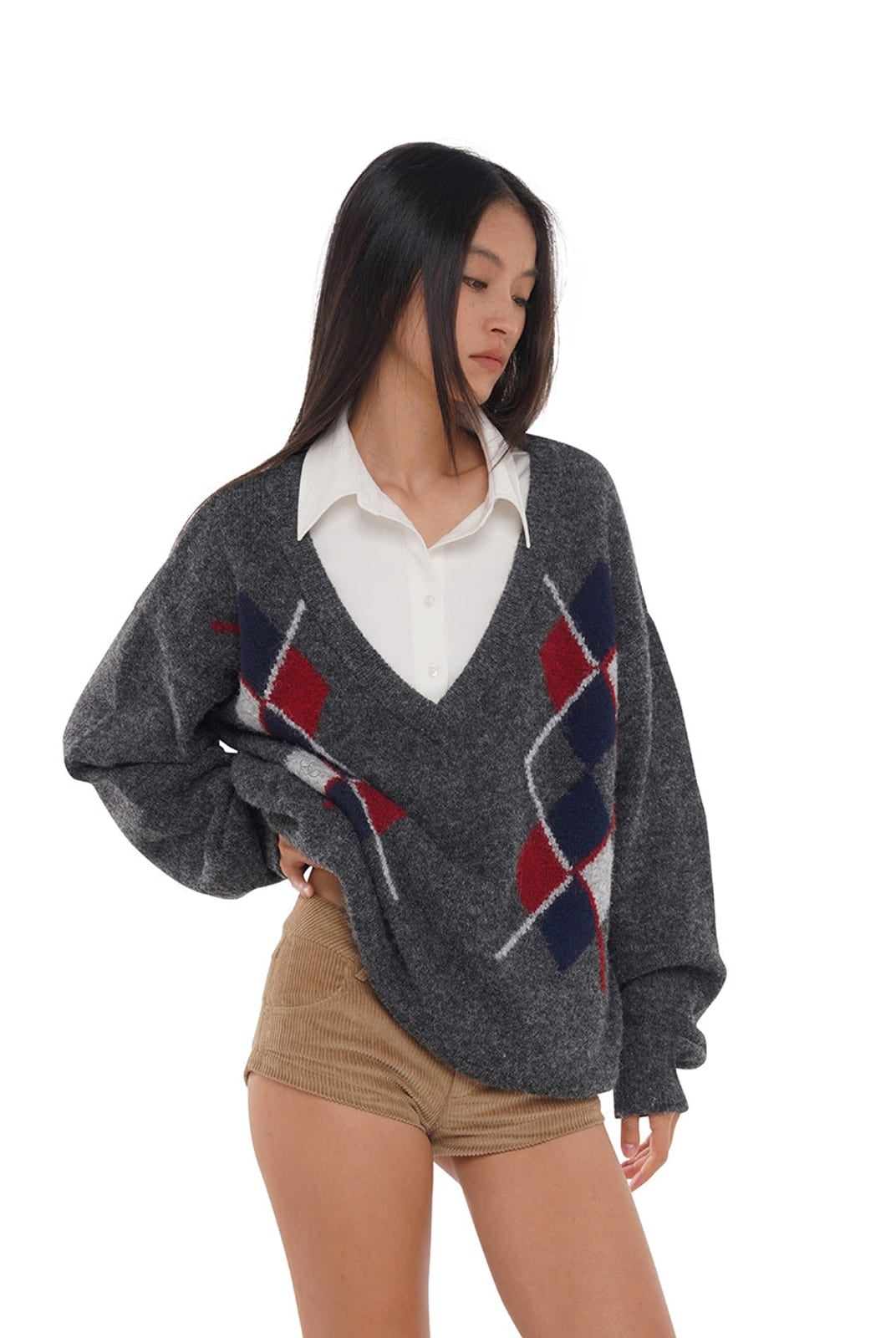 SweetChilling Argyle Jacquard V Neck Sweater in Gray - On Female Model