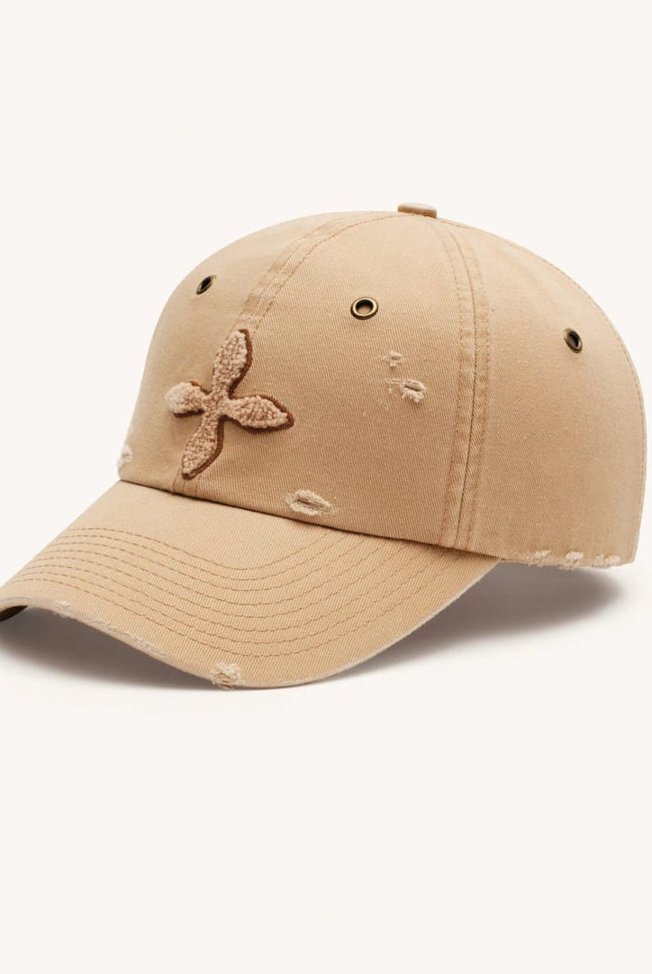 SMFK Distressed Cross Embroidered Baseball Cap in Beige