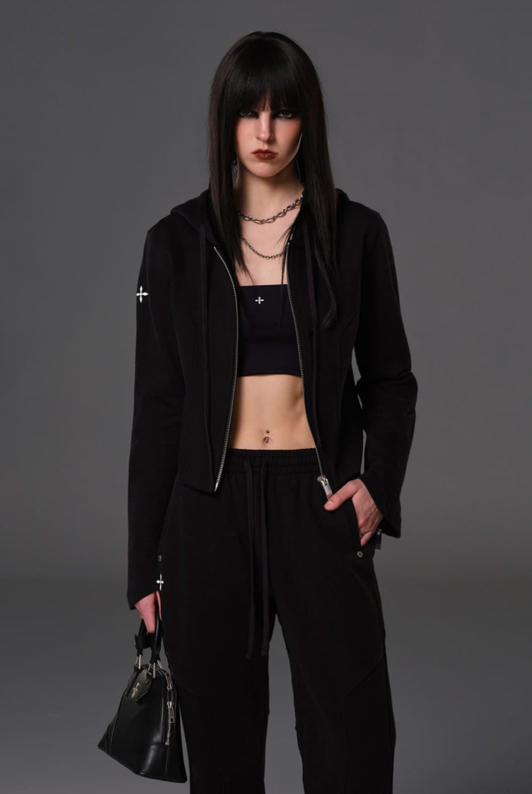 SMFK Cotton Blend Zip Up Hoodie in Black - On Female Model