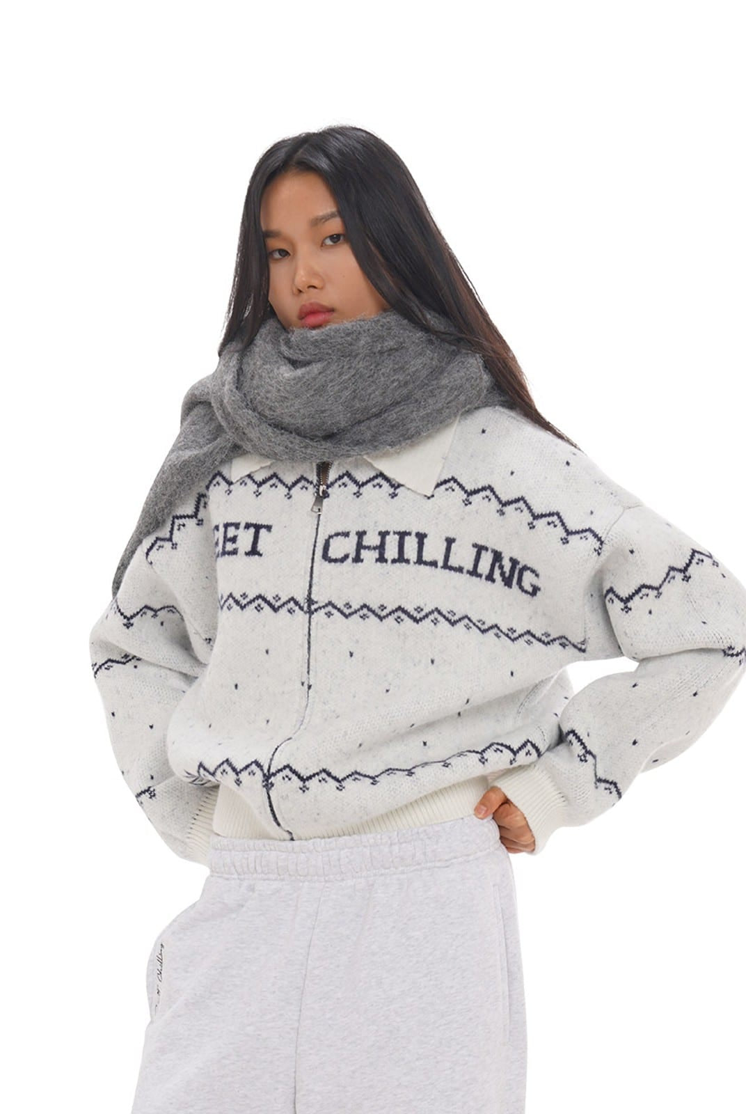 SweetChilling Fair Isle Zip Up Knit Jacket in White - On Female Model