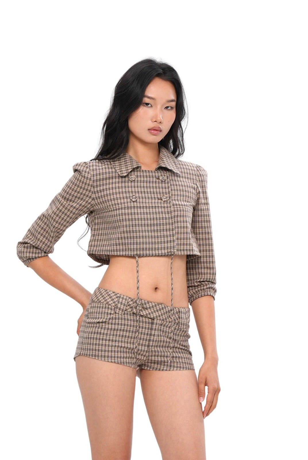 SweetChilling Plaid Lace Trim Double Breasted Shorts in Brown - On Female Model