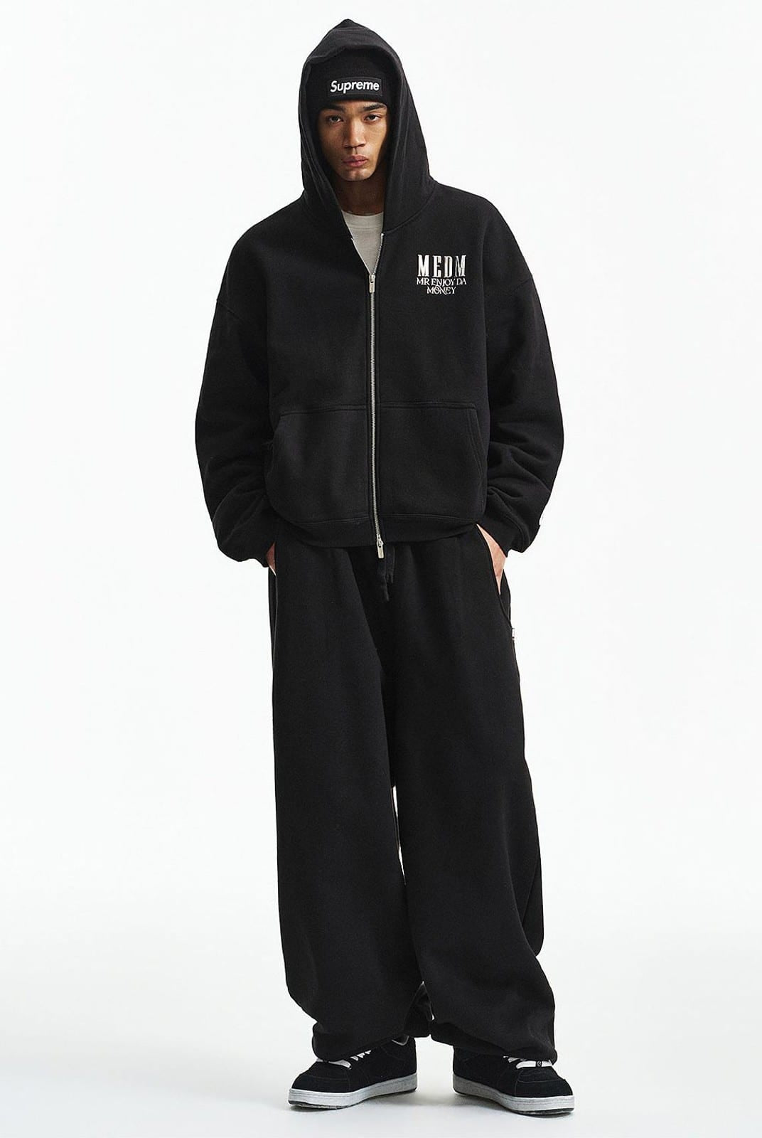 MEDM Cotton Drawstring Sweatpants in Black - On Male Model