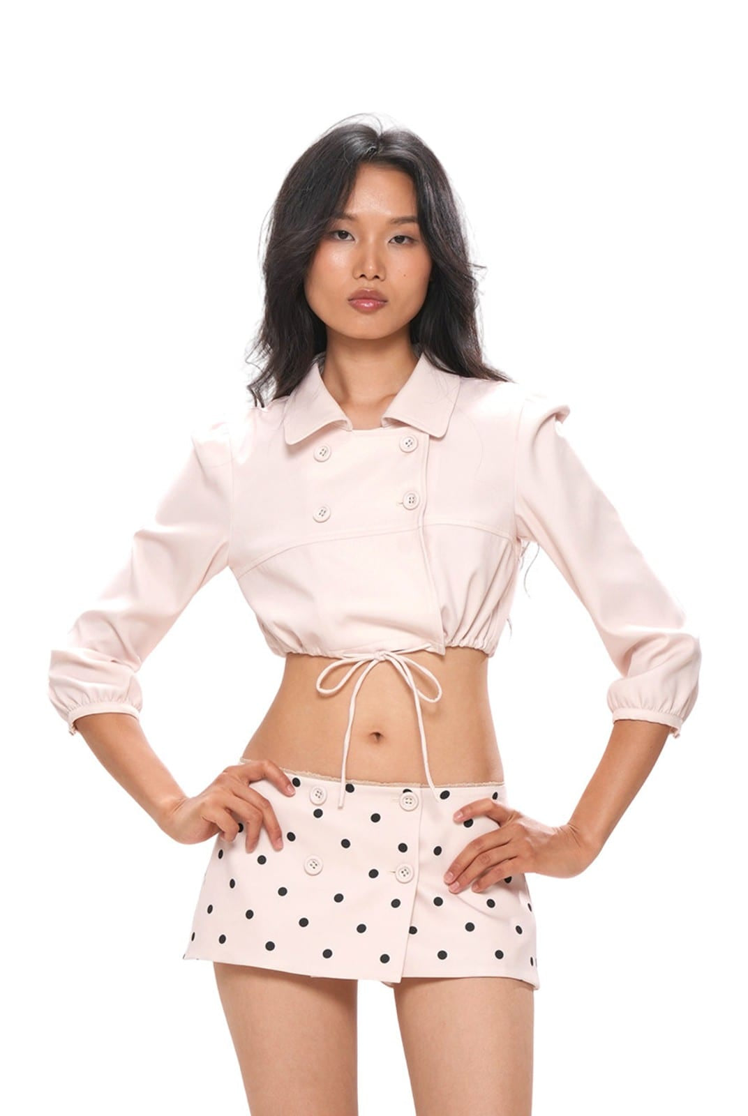 SweetChilling Double Breasted Polka Dot Mini Skirt in White - On Female Model