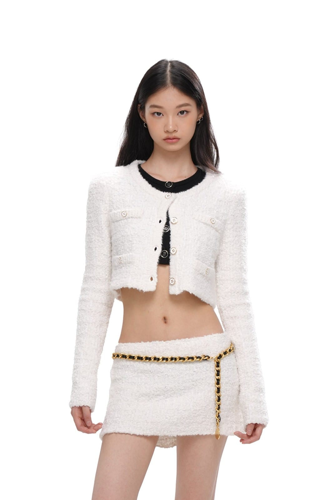 SweetChilling Textured Cropped Crew Neck Cardigan in White - On Female Model