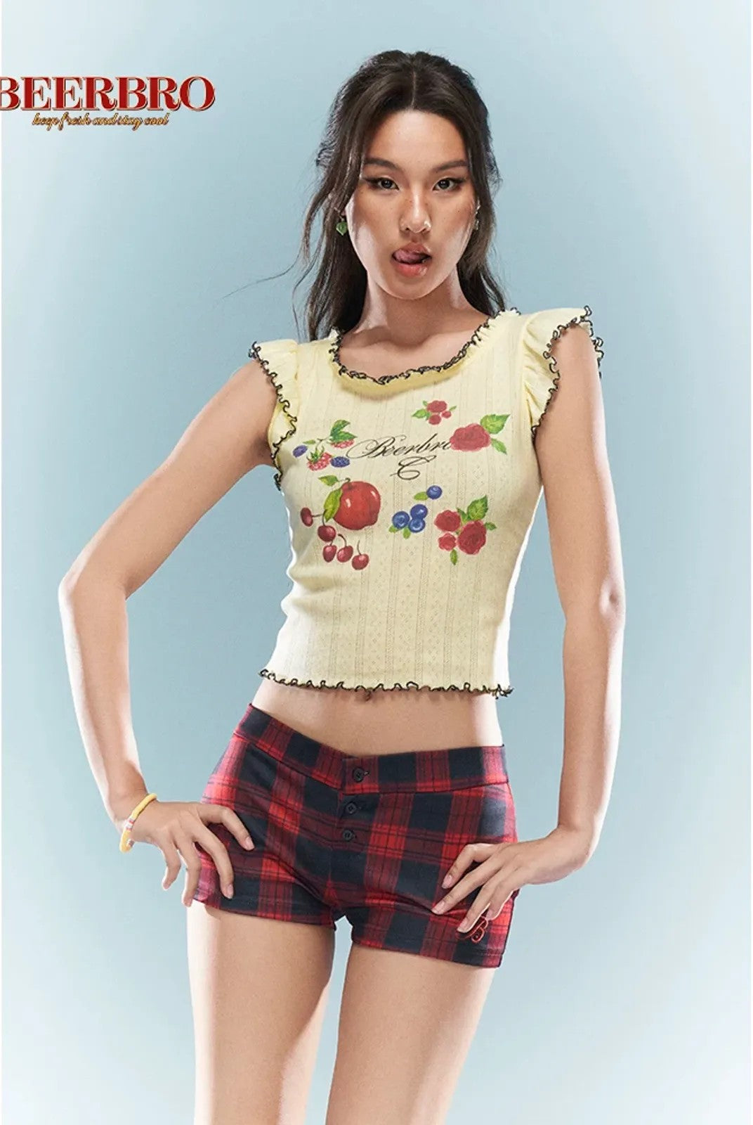 BeerBro Fruit Print Lettuce Edge Crop Top in Yellow - On Female Model
