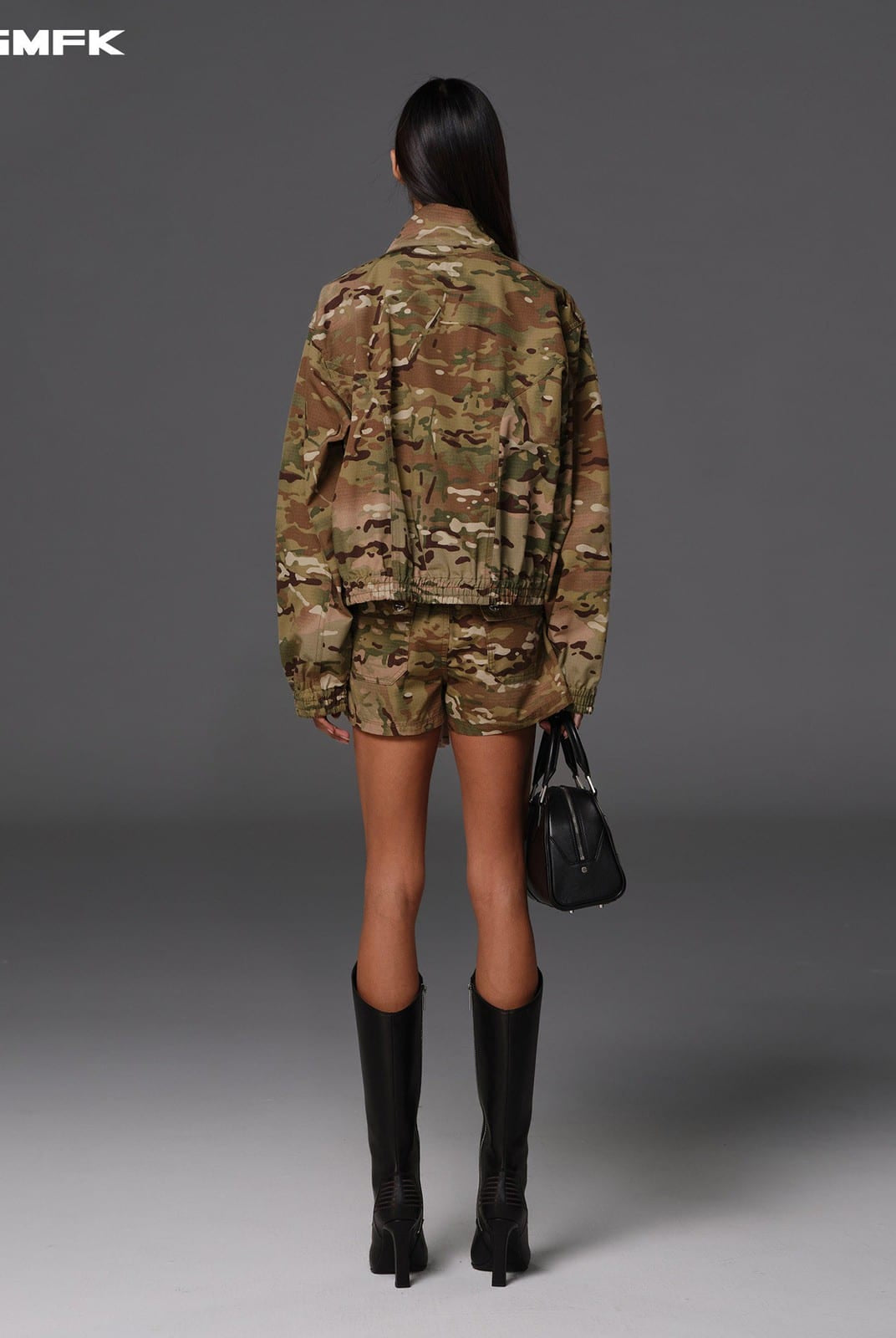 SMFK Camouflage Zip Up Cropped Jacket in Beige - On Model