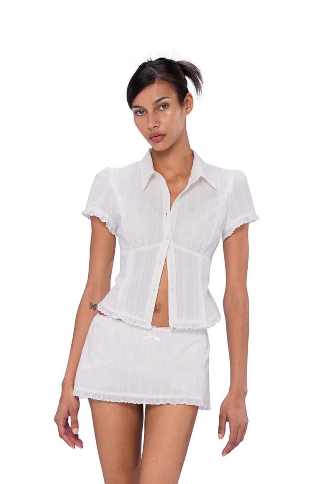 SweetChilling Gingham Mini Skirt with Built In Shorts in White - On Female Model
