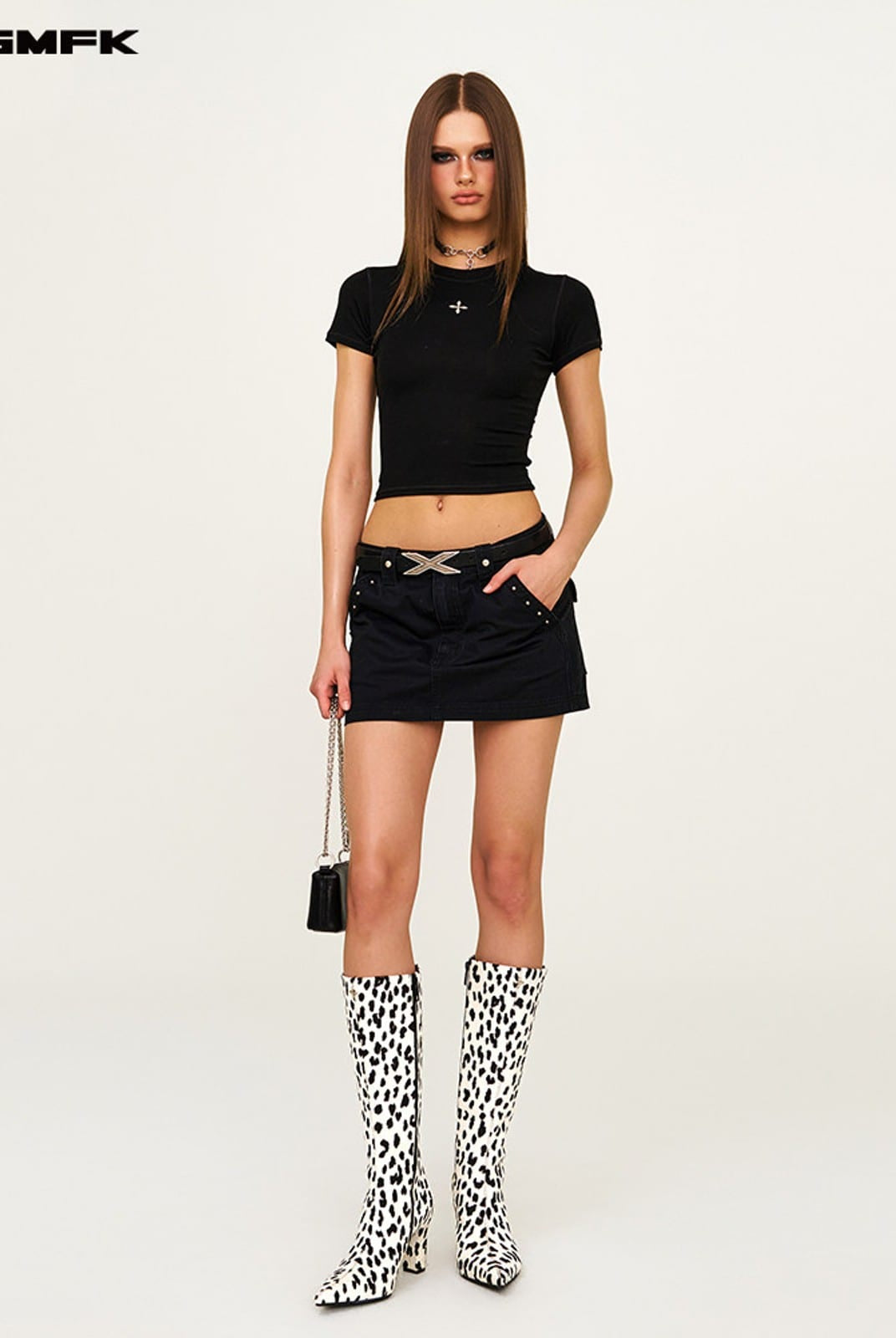 SMFK Studded Cotton Miniskirt in Black - On Female Model
