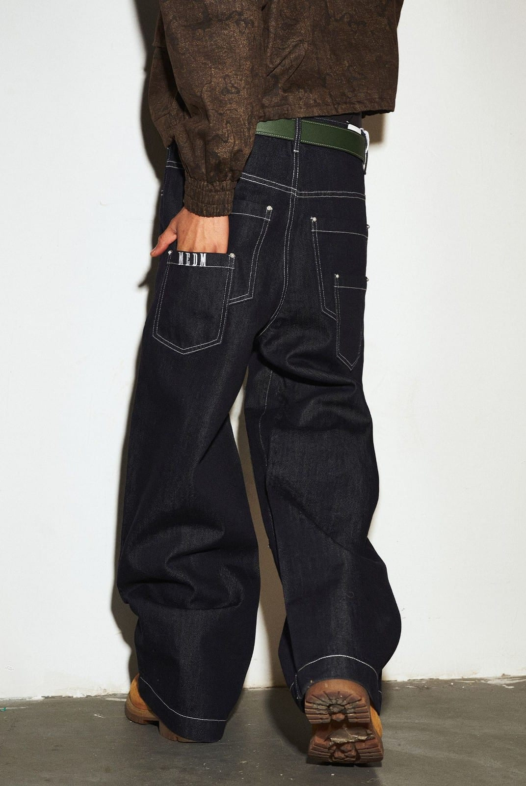 MEDM Contrast Stitch Denim Cargo Jeans in Navy Blue - On Model