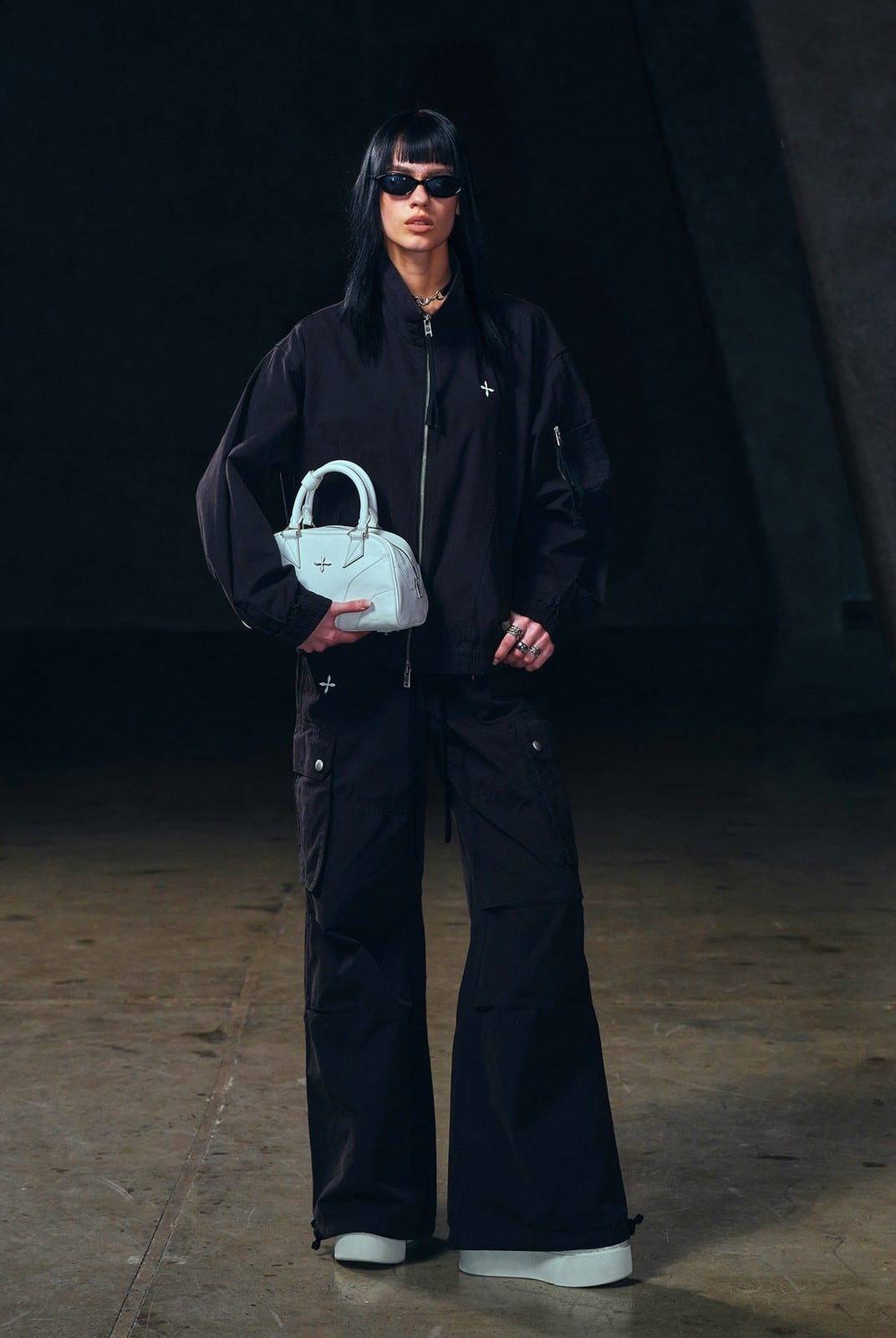 SMFK Garment Dyed Drawstring Cargo Pants in Black - On Female Model
