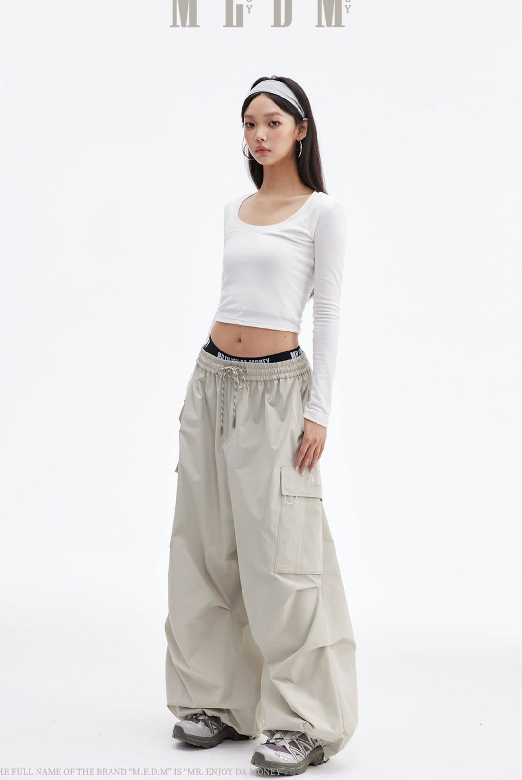 MEDM Multi Pocket Parachute Cargo Pants in Gray - On Female Model