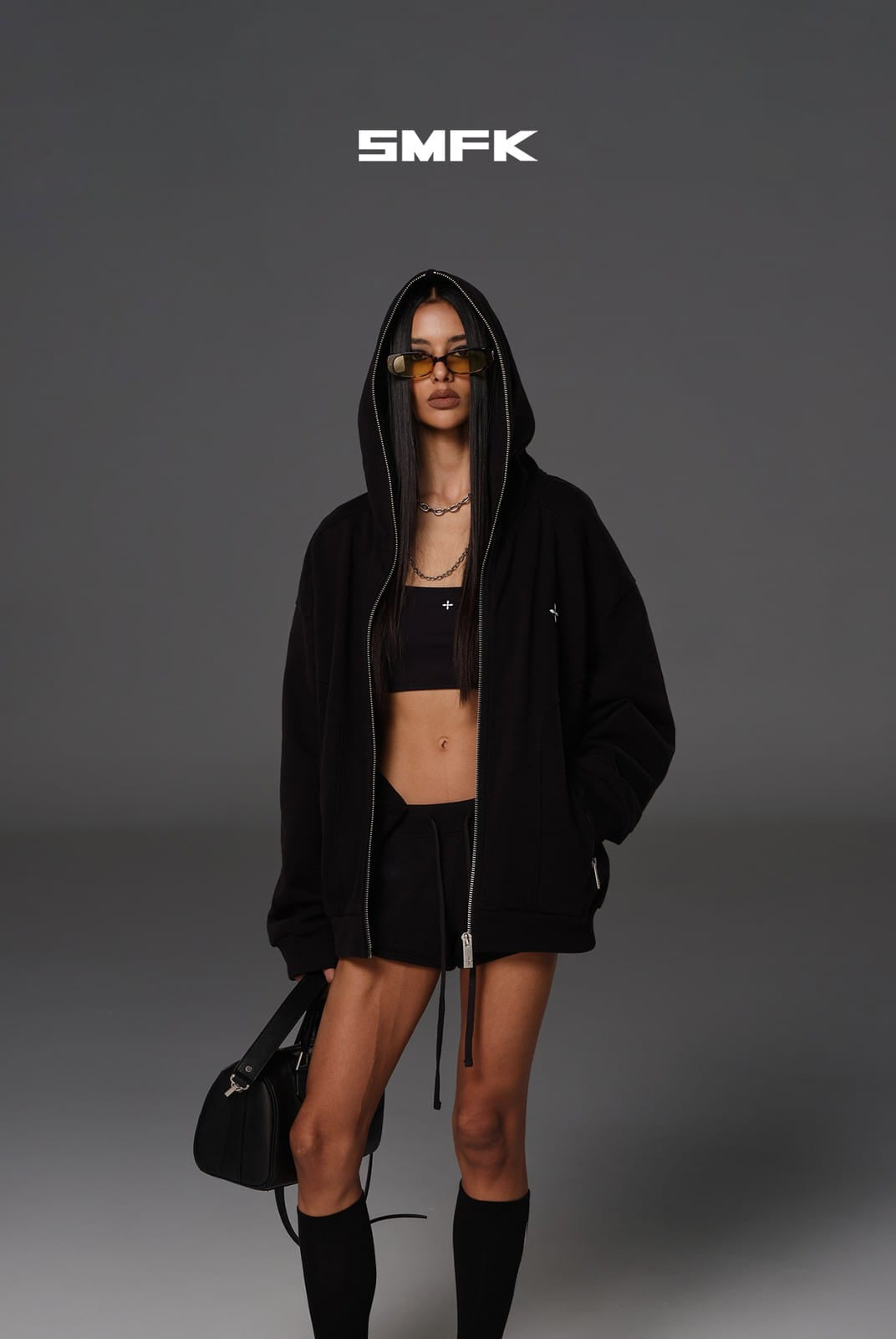 SMFK Cotton Wool Oversized Zip Up Hoodie in Black - On Female Model