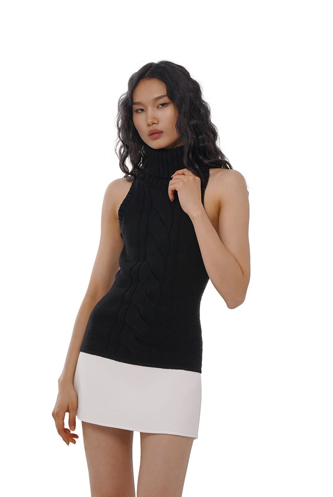 SweetChilling Paneled Cable Knit Turtleneck Dress in Black - On Female Model