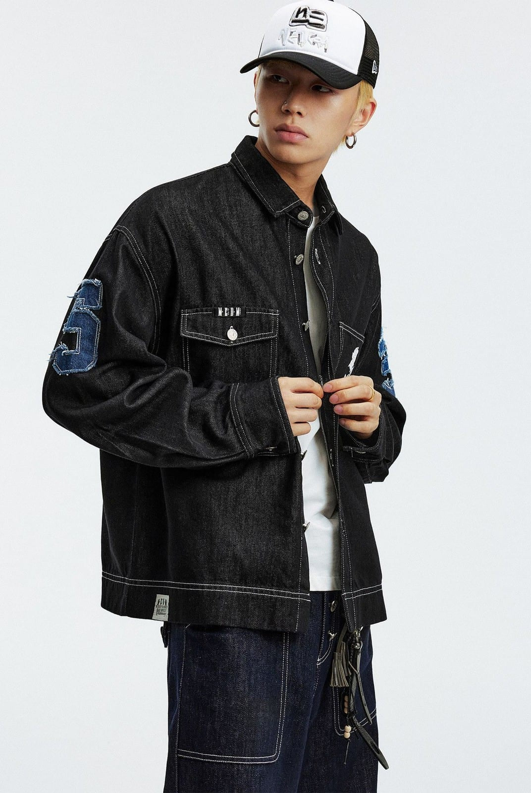 MEDM Lyocell Blend Logo Patch Denim Jacket in Denim - On Male Model