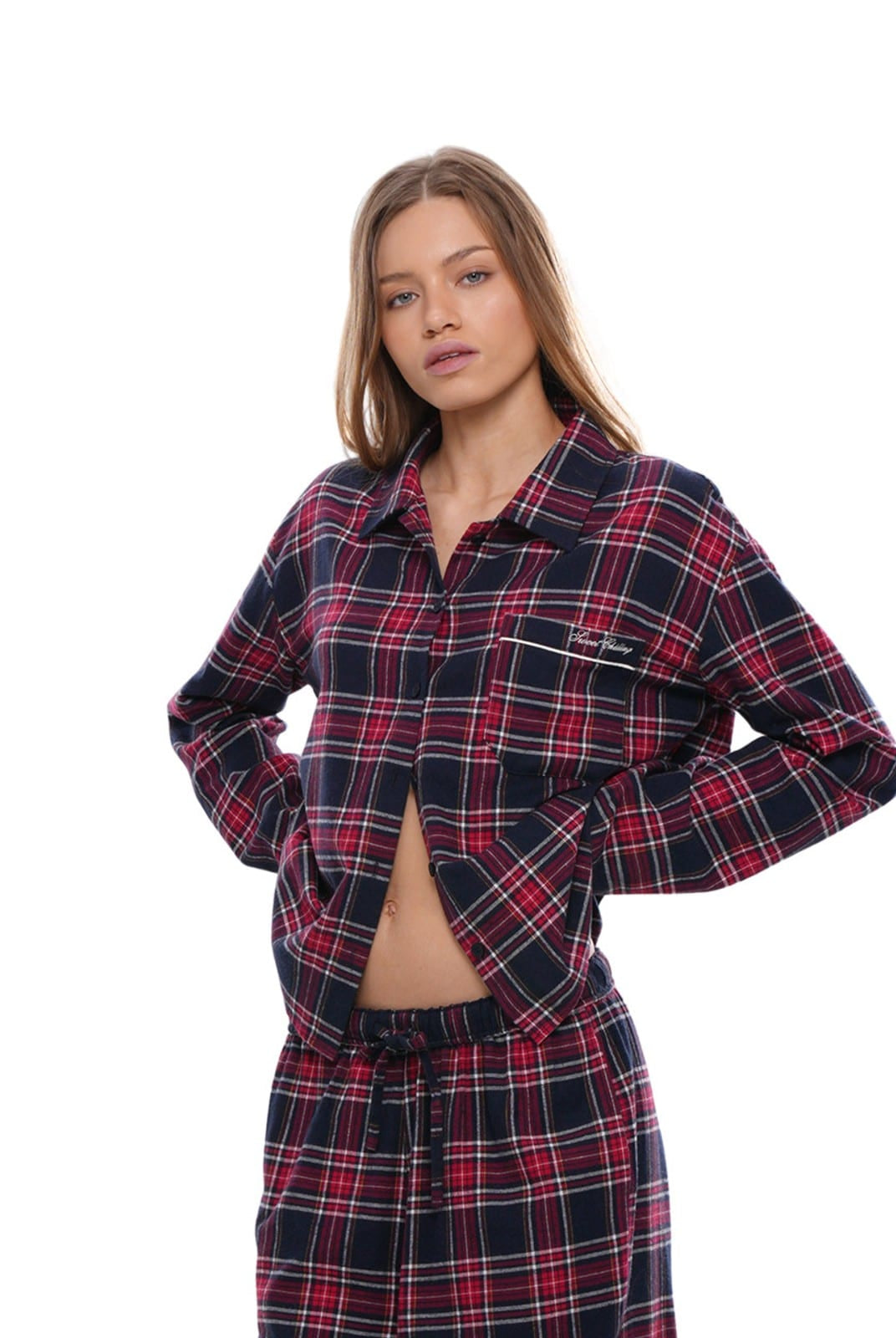 SweetChilling Plaid Cotton Lounge Pants in Red - On Female Model