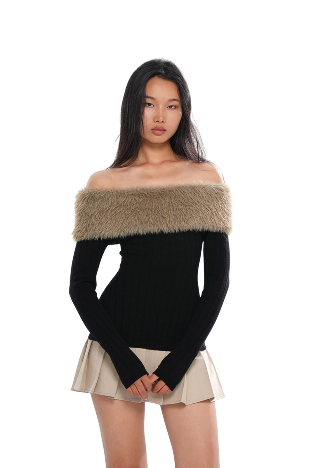 SweetChilling Fluffy Off the Shoulder Pleated Dress in Black - On Female Model