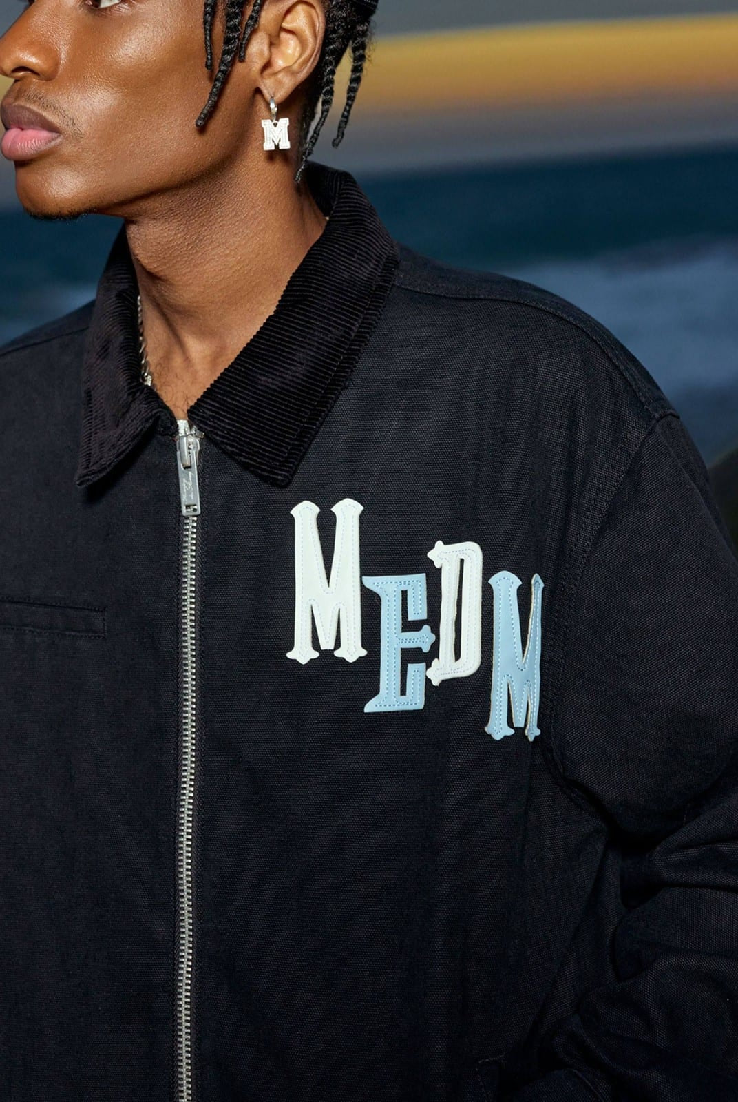 MEDM Leather Paneled Cotton Detroit Jacket in Black - On Male Model