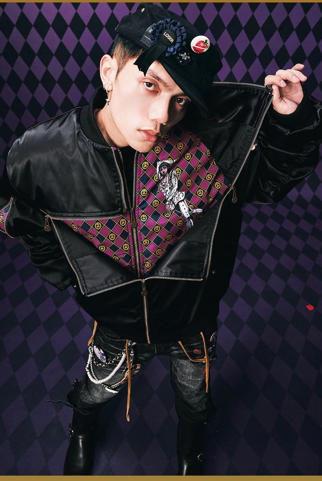 MEDM JoJo Collab Graphic Puffer Bomber in Black - On Male Model