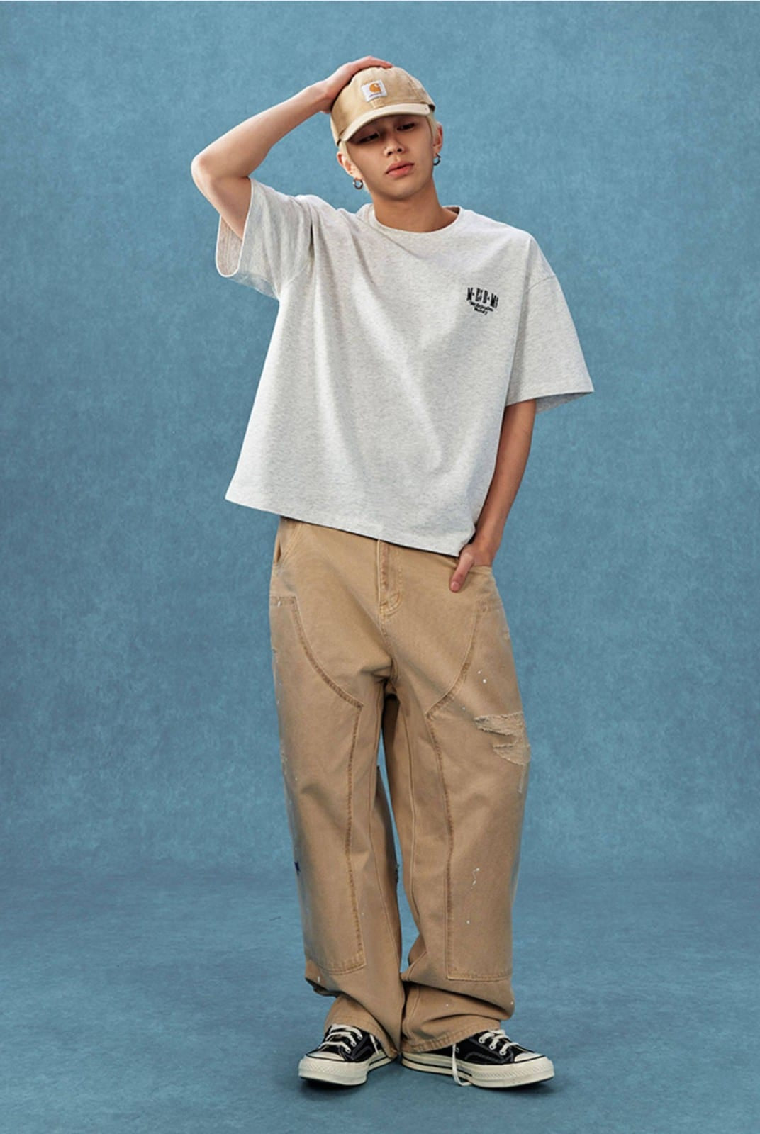 MEDM Letter Embroidery Cotton T Shirt in Gray - On Male Model