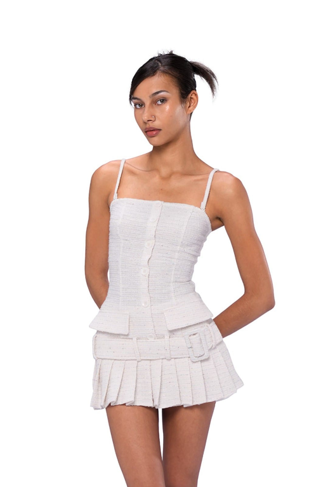 SweetChilling Tweed Effect Pleated Mini Dress in White - On Female Model