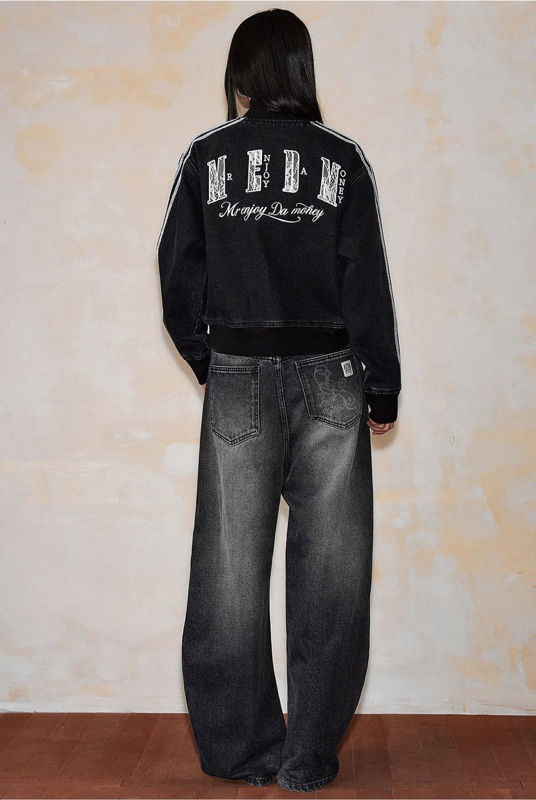 MEDM Lace Trim Stand Collar Denim Jacket in Black - On Model