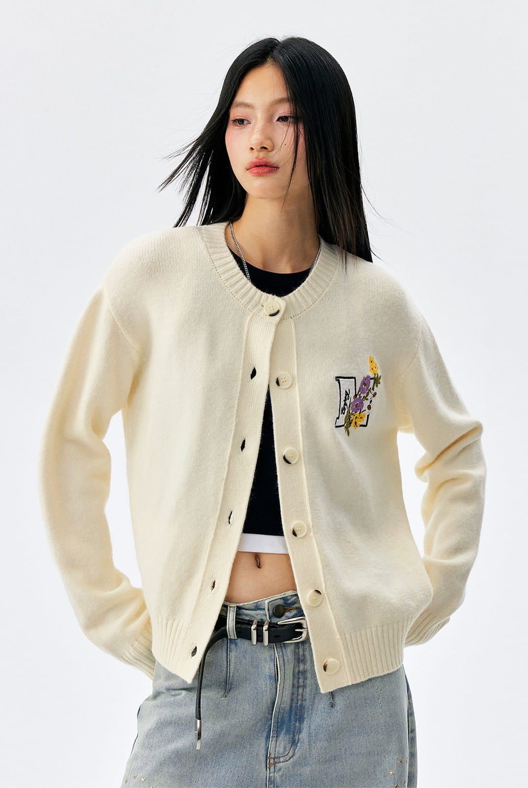 MEDM Floral Embroidered Knit Cardigan in Cream - On Female Model