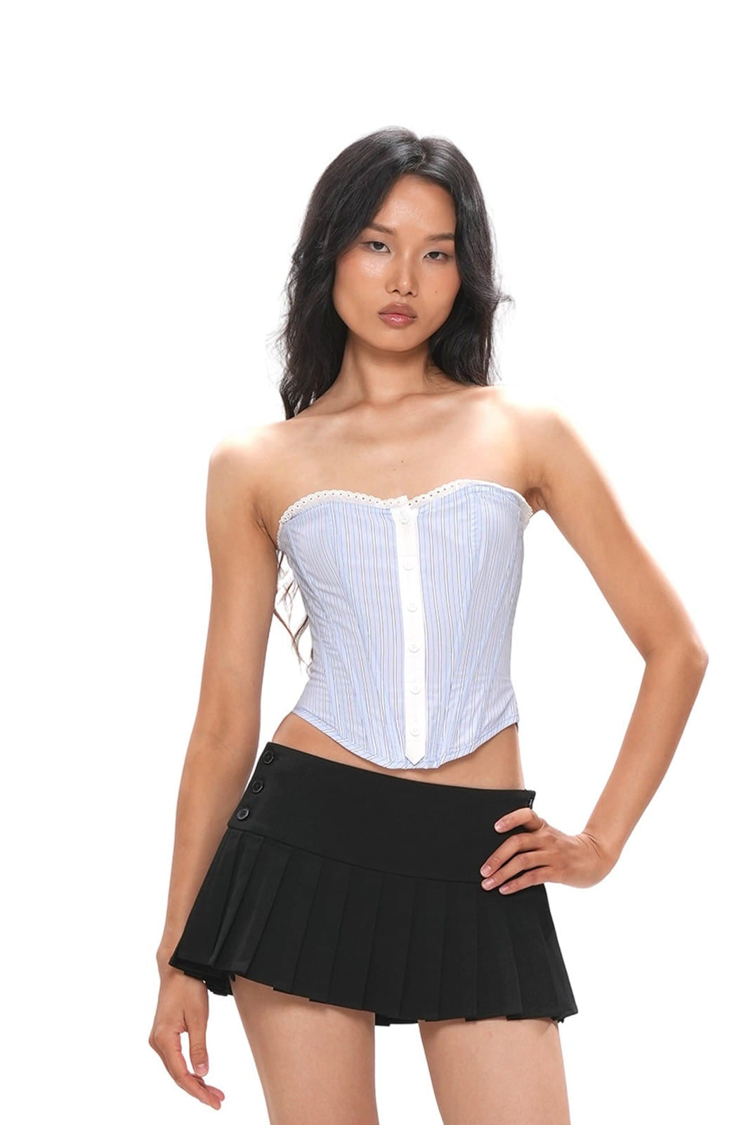 SweetChilling Striped Strapless Corset Top in Blue - On Female Model
