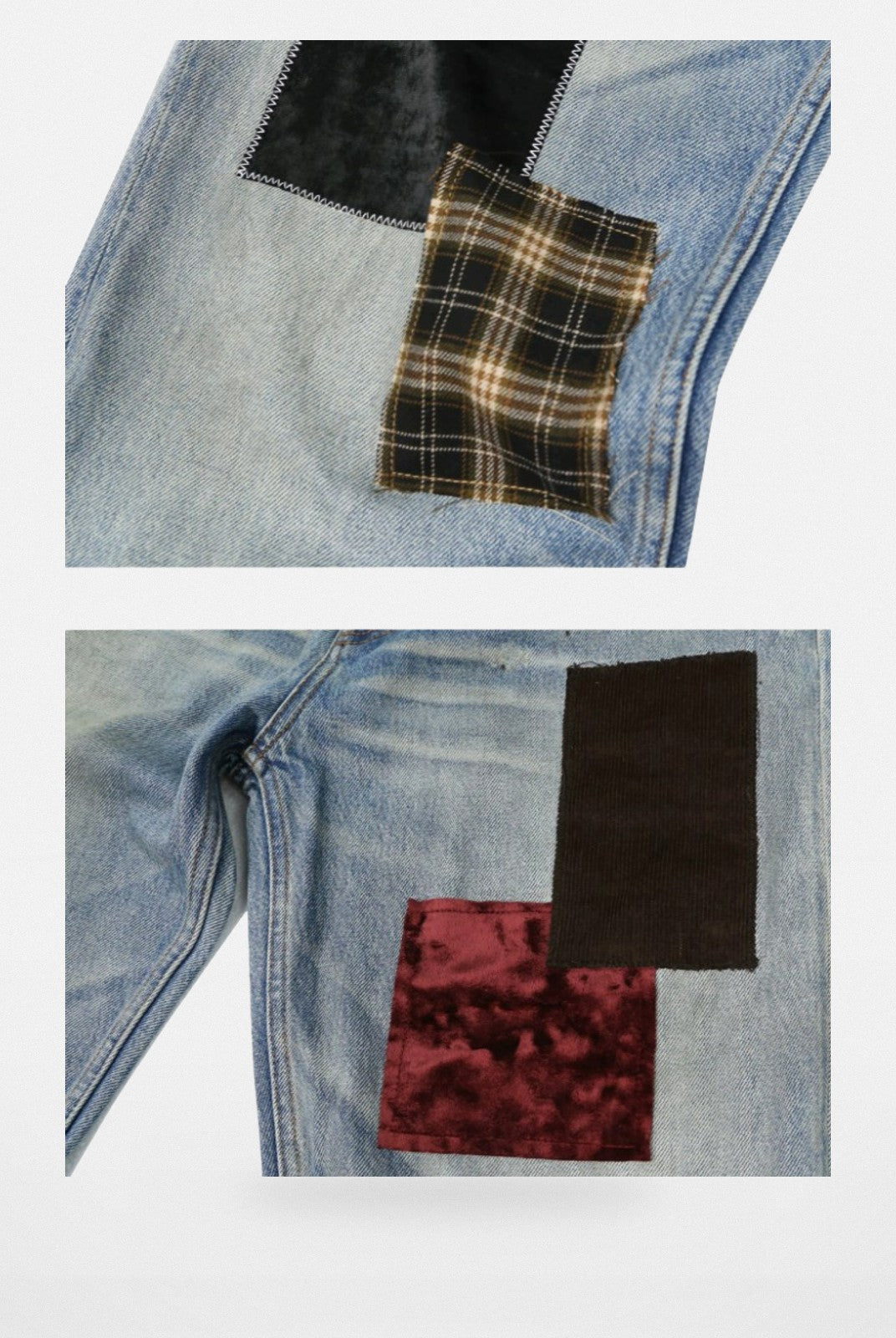 SOD Co. Patchwork Velvet Plaid Flare Jeans in Blue - Detail