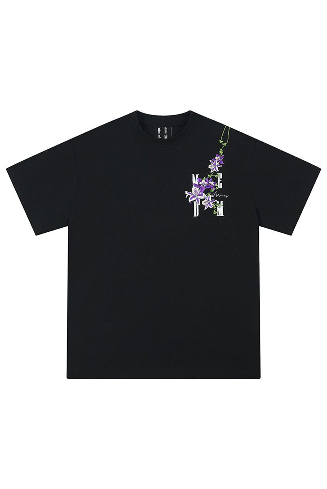 MEDM Floral Vine Embroidered T Shirt in Black