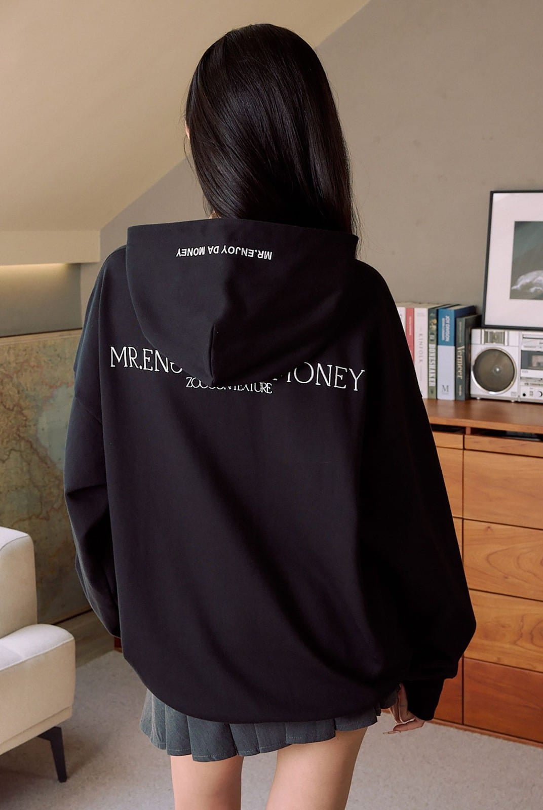 MEDM Animal Print Logo Pullover Hoodie in Black - On Model