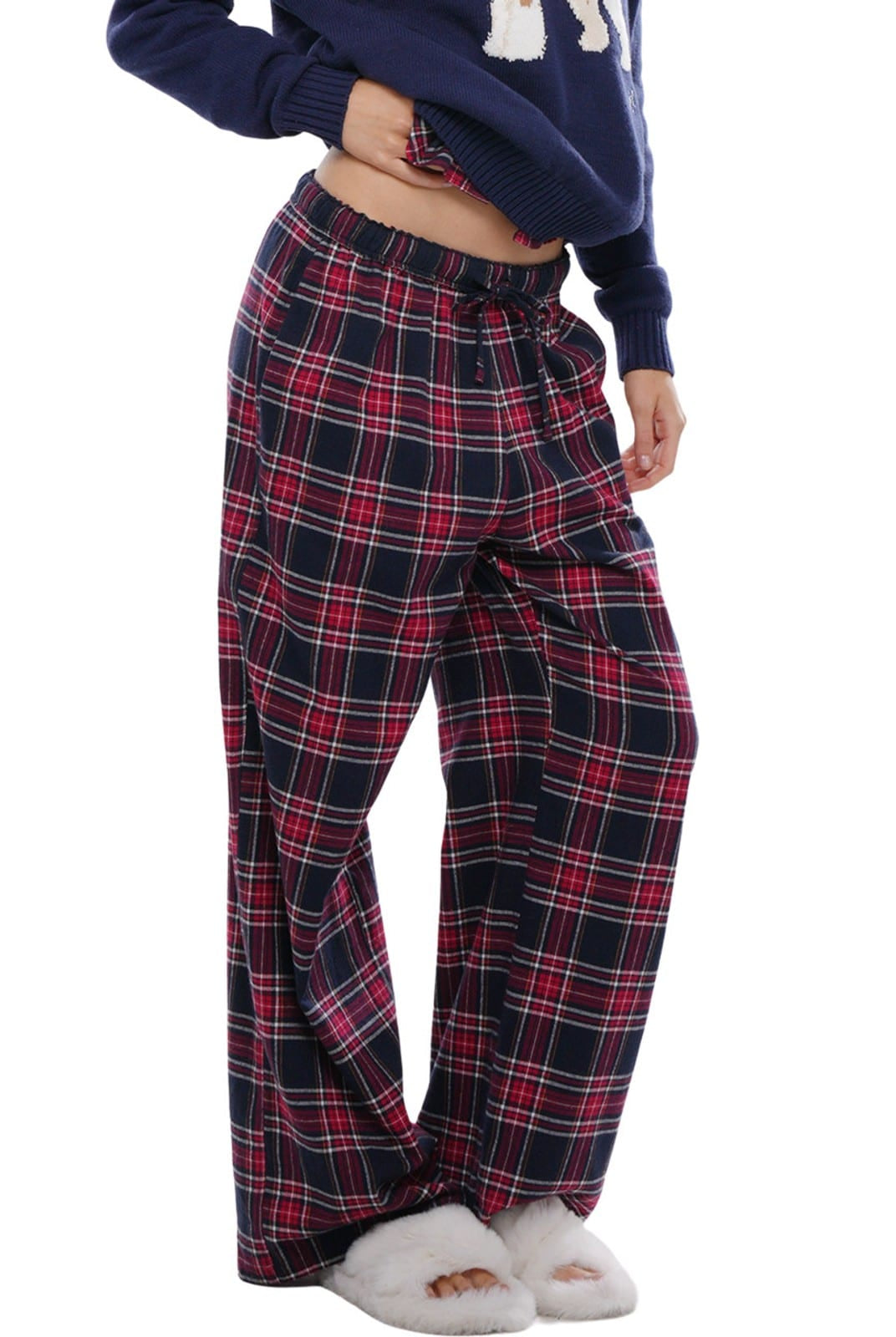 SweetChilling Plaid Cotton Lounge Pants in Red - On Female Model