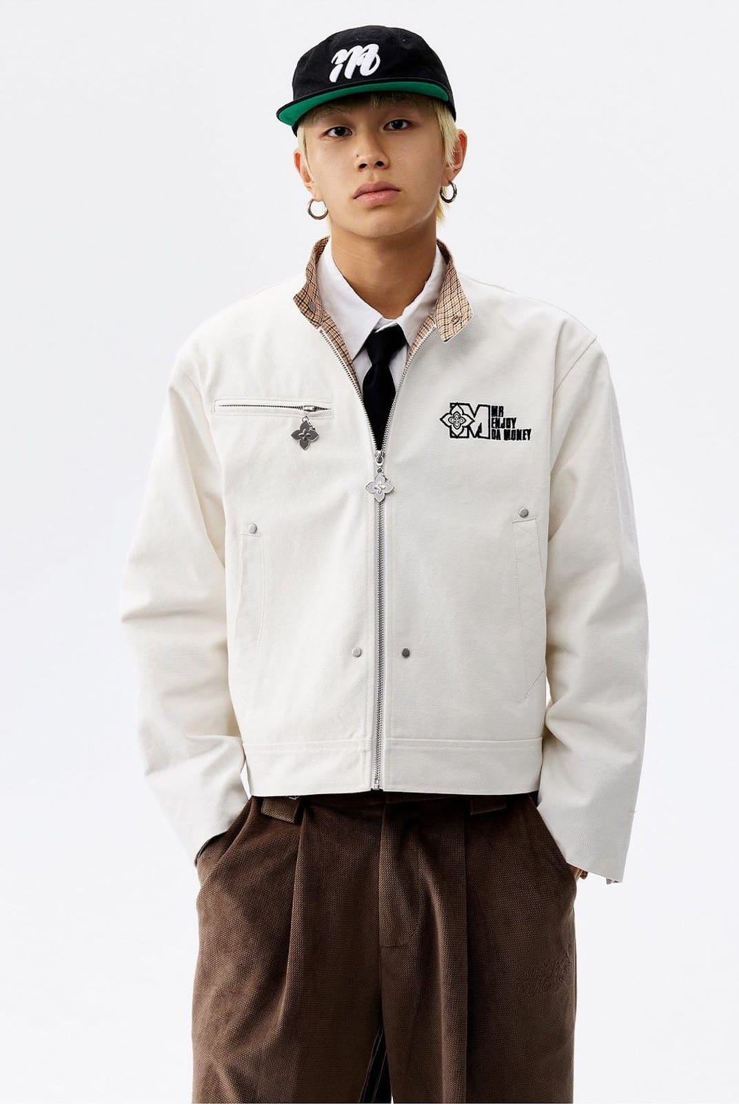 MEDM Plaid Collar Cotton Zip Up Jacket in White - On Male Model