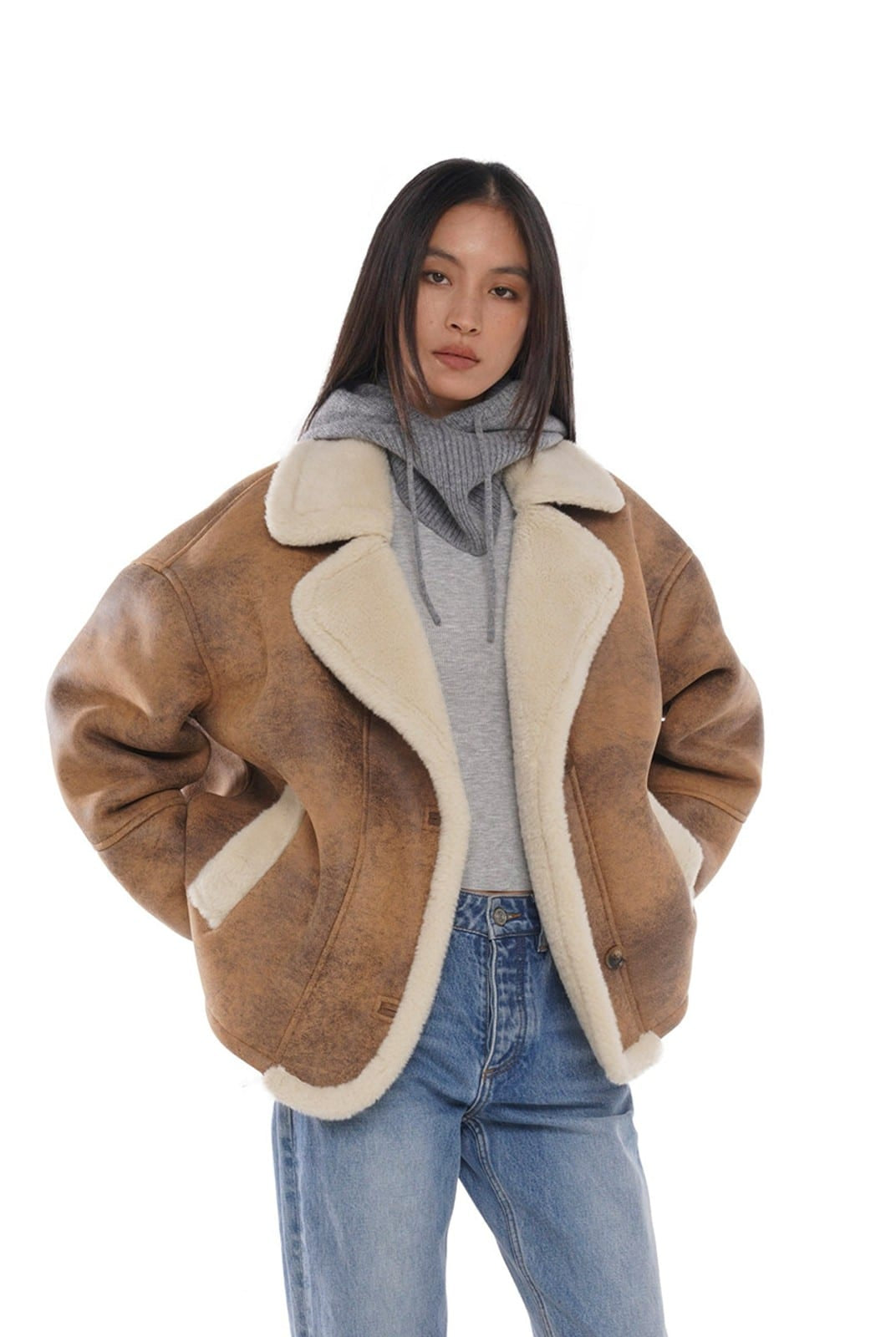 SweetChilling Vintage Faux Shearling Cropped Jacket in Brown - On Female Model