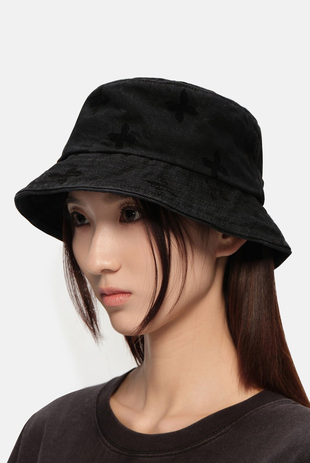 SMFK Distressed Frayed Denim Bucket Hat in Black - On Female Model